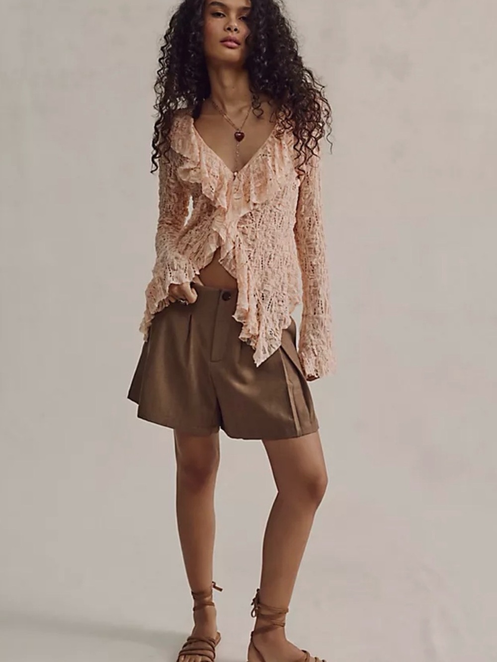 Free People Peach Ruffle Crinkle Knit Blouse/ Cardigan Large NWT
